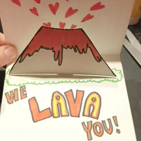 Pop-up card with a volcano and the words 'WE LAVA YOU!'