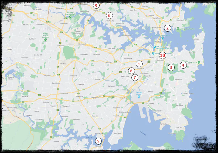 Map of Sydney containing key locations from Tanya Bretherton's books